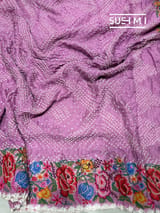 Lilac Pink Pure Gajji Silk Rai bandhej Saree with petite point embroidery