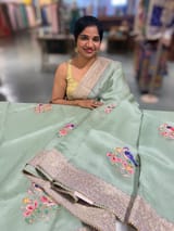 Mint Pure Organza Saree with banarasi pitawork border and bird applique motifs allover the saree SS50301