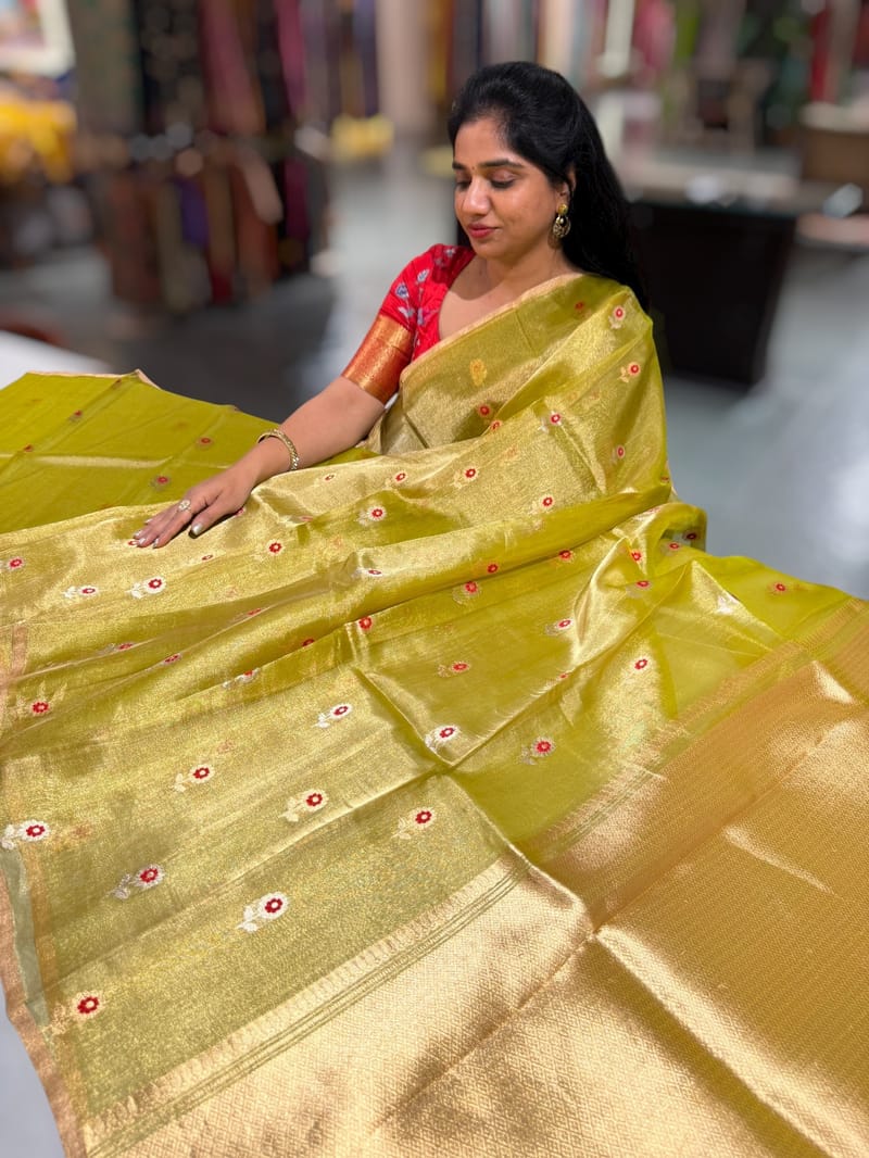 Apple Green Handloom Banarasi Tissue with meenakari sona rupa flower motifs