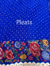 Electric Blue Pure Gajji Silk Rai bandhej Saree with petite point embroidery