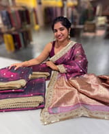 Wine Pure handloom Banarasi Tissue saree hemlined with Sabhyasachi style fringe laces .