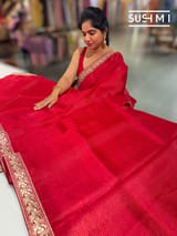 Chilli Red Organza Saree with sabhyasachi borders S62119