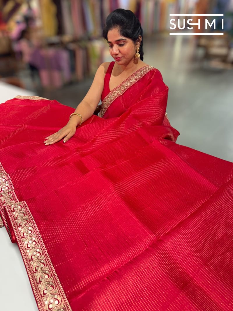 Chilli Red Organza Saree with sabhyasachi borders S62119
