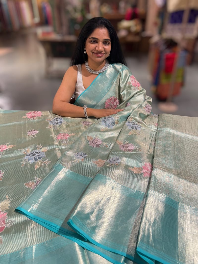Mint Blue Designer Kanchi Saree with allover embroidery SS50196