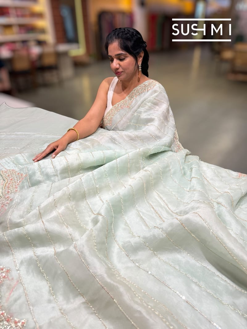 Mint Pure Organza Saree with heavy Handwork