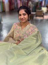 Light Apple Green Tissue Gorgette Saree With Petite Point Embroidered Border SS50436