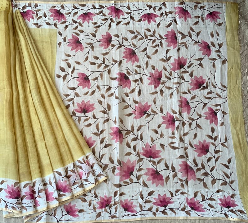 Pastel Yellow Tussar Kota Tissue Saree with Handpainted Muslin Border and Pallu SS50262