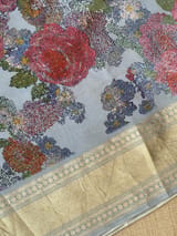 Dusty Blue Pure Handloom Chiniya Silk Saree with stunning Floral Print and zari borders SS50103