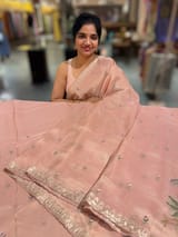 Peach Pink Tissue Georgette Saree with petite point emb SS50110