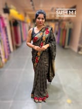 Black mysore silk with embroidered border S62F060