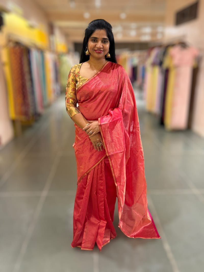 Bright Pink chaderi Tissue saree with designer tissue blouse