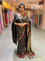 Black mysore silk with embroidered border S62F060