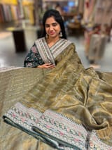 Forest Green Antique Gold base Tissue checks Saree with sabhyasachi borders SS50411