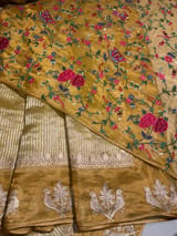 Yellow Kora tissue stripes Saree with embroidery