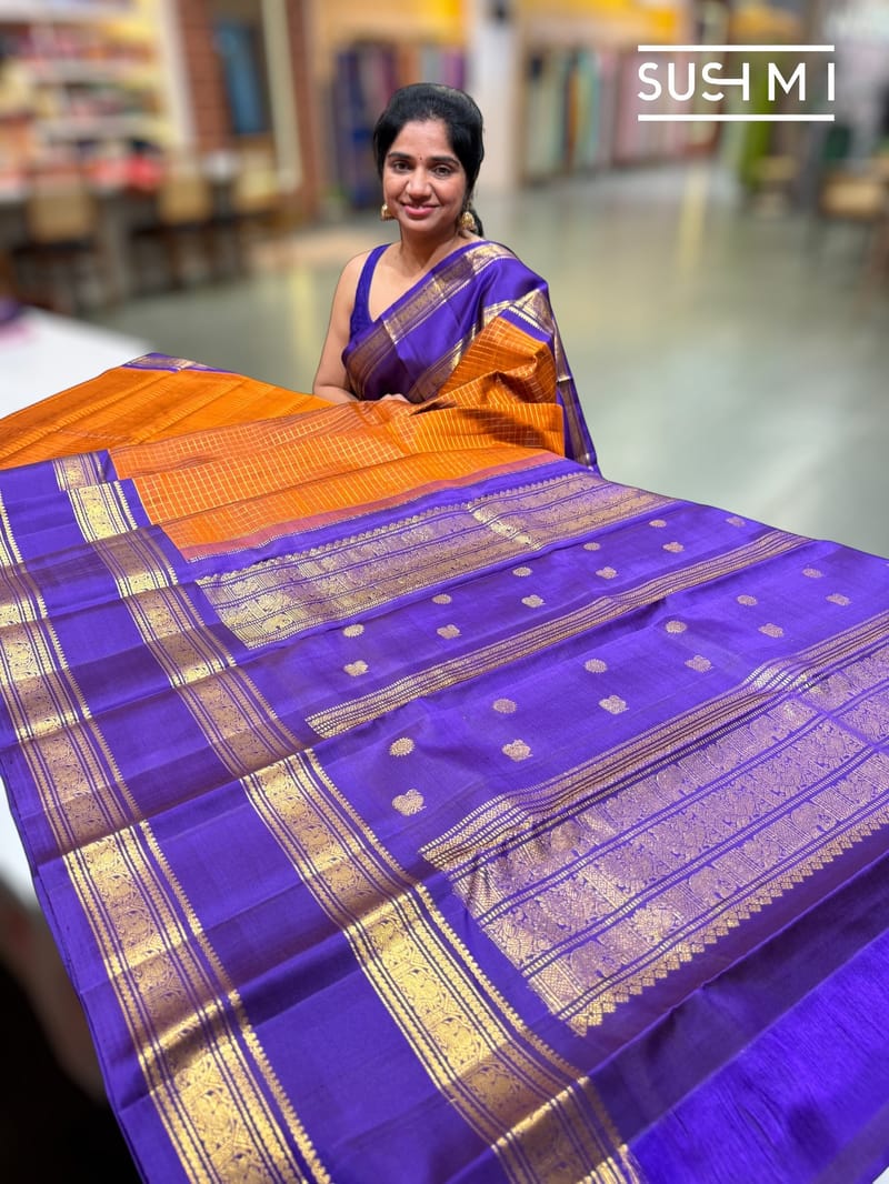 Rust Orange Vintage checks kanjeevaram Saree