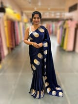Midnight Blue Pure Satin Saree with embroidered border and blouse
