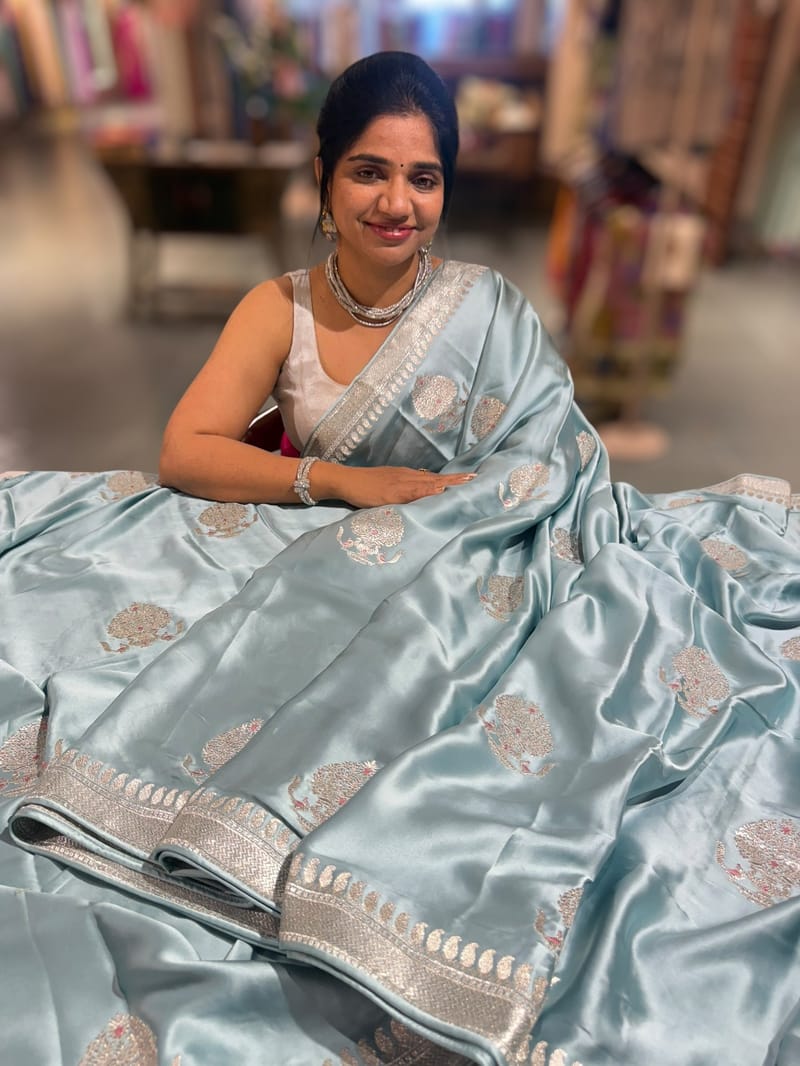 Dusty Blue Pure Satin Saree with Embroidery. SS5030