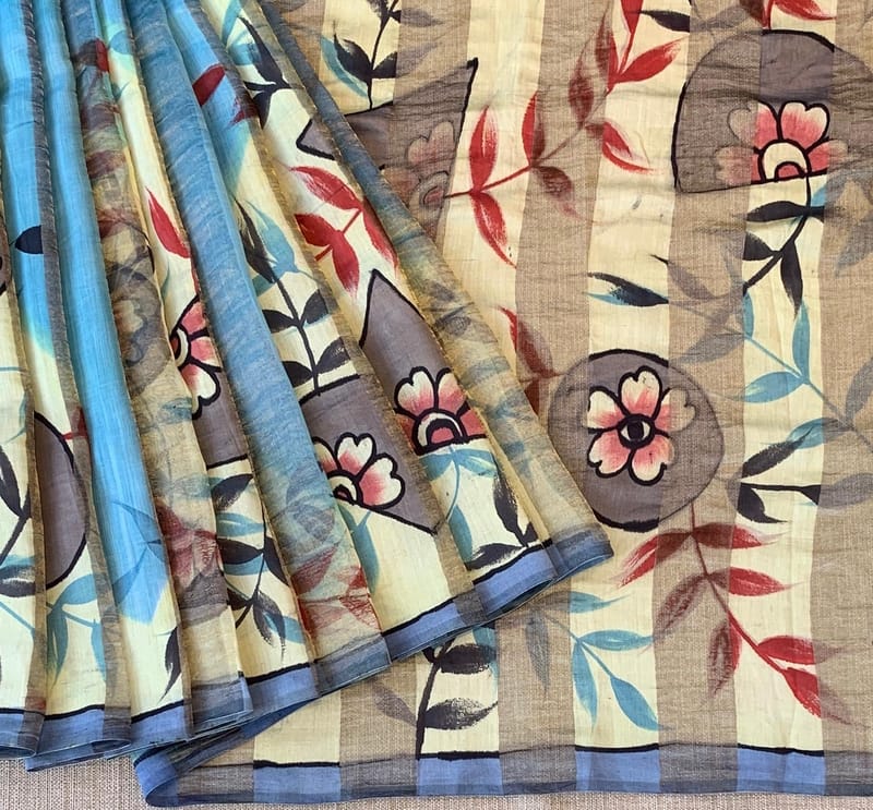Mul silk tissue stripes handloom saree with handpainting