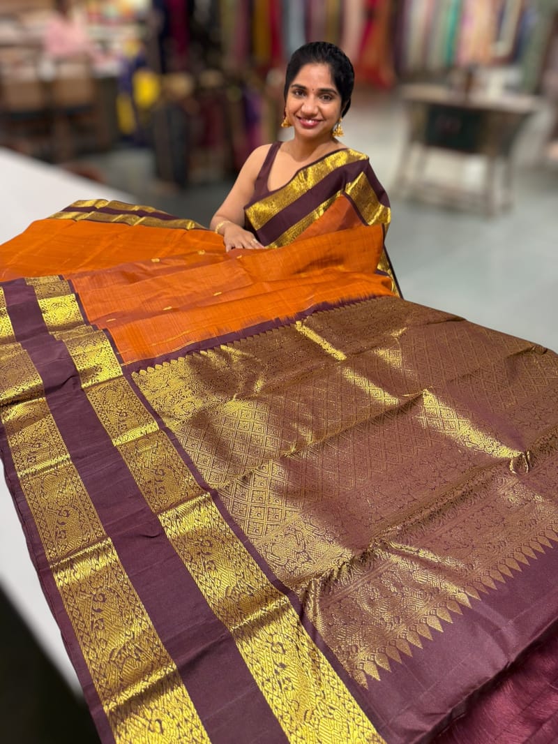 Rust Orange and Winish Brown Vintage  Kanchipuram Gap border Saree SS50174