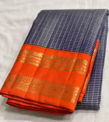 Blue & Orange Combo Vintage Checks Gap Border Kanjeevaram Saree SS50167