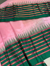 Lotus Pink Ponduru Khadi Saree  in 80’s Count with Kanchi Style Emerald Green borders