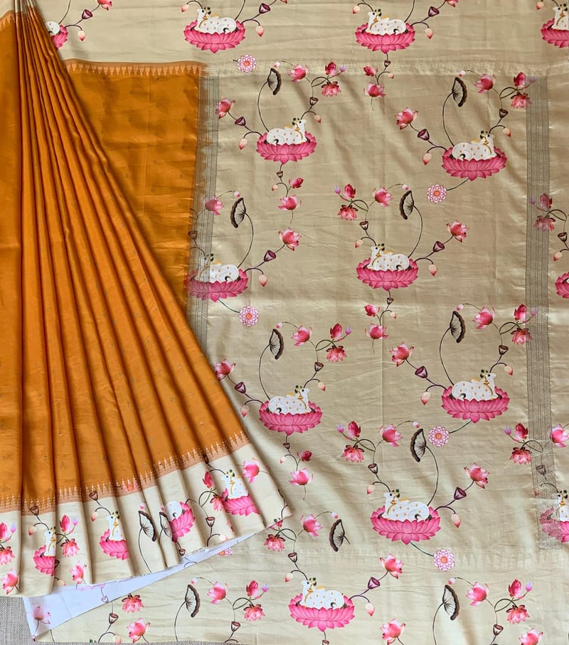 Kanchi designer soft silk saree with pichwai printed border. SS50368