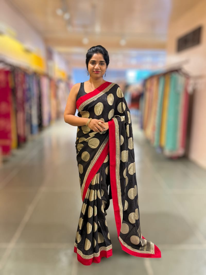 Black Crepe Silk Polka dot Saree with sabhyasachi Borders & Blouse SS50585