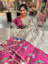 Greyish Silver Chanderi Tissue Saree with pythani inspired parrot embroidered border SS50230