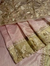 Pastel pink Mul Tissue Stripes Saree With Tissue Cutwork  Border & Blouse