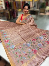 Mauve Brown pure handloom Tussar Vintage Checks Saree with Jamdani inspired embroidered border SS50466
