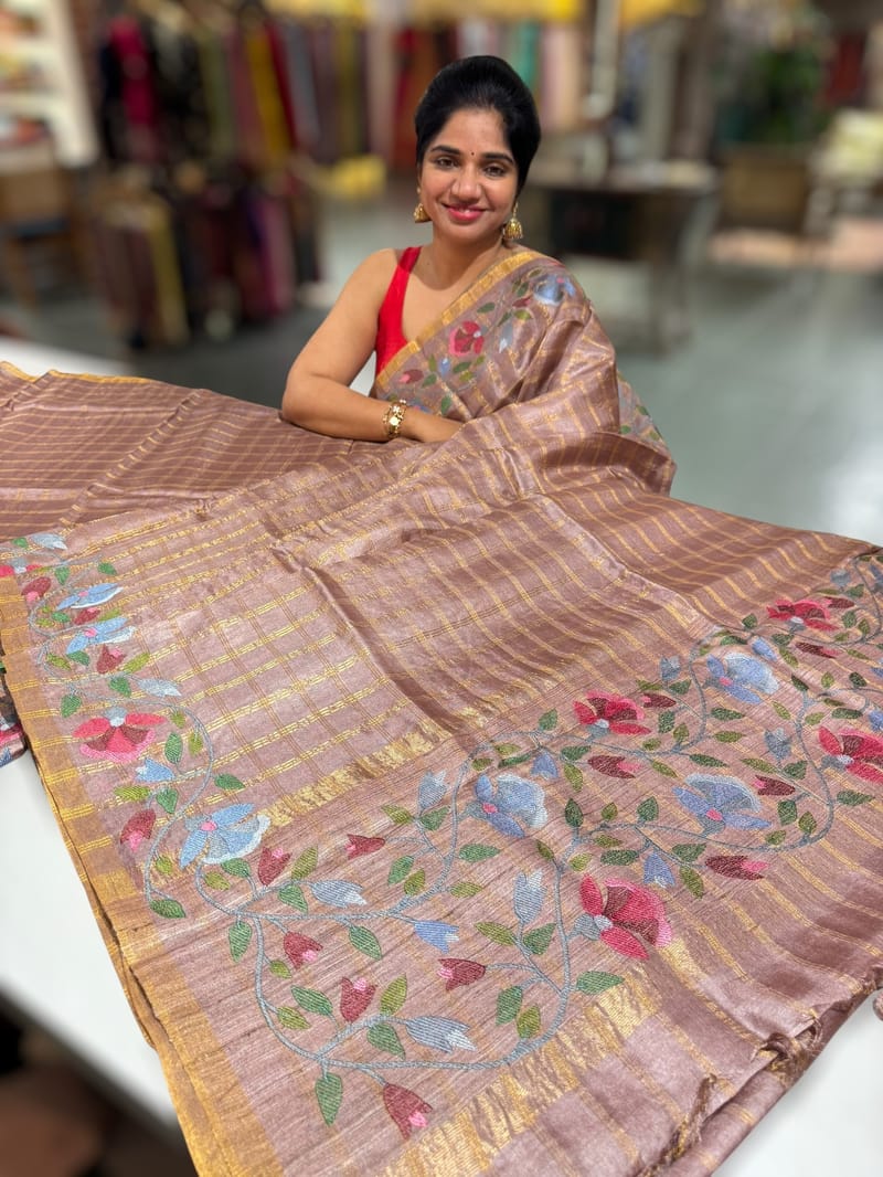 Mauve Brown pure handloom Tussar Vintage Checks Saree with Jamdani inspired embroidered border SS50466