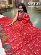 Bright Red Silk kota and pen kalamkari fusion saree with pita emb