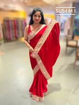 Red Satin Saree with sabyasachi borders : D62F054