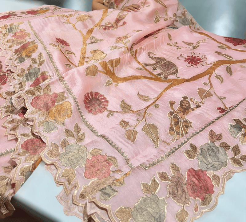 Blush Pink Pure Organza Applique Work Saree