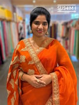 Rust Orange Organza Saree with sabhyasachi borders S62115