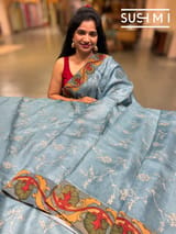 Dusty Blue Silk kota and pen kalamkari fusion saree with pita emb