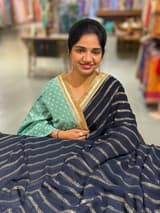 Navy Blue Georgette Saree with badla sequnce stripes: S62F075