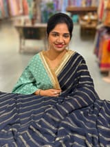 Navy Blue Georgette Saree with badla sequnce stripes: S62F075