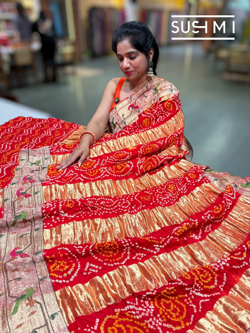 Orange bandhej saree with embroidery : S62F204