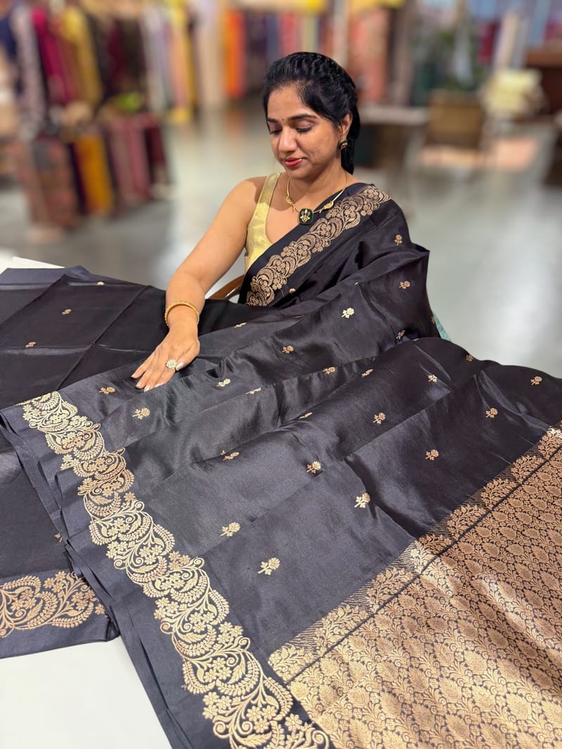 Black Poona Silk Saree with Mashru Open Borders