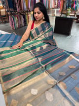 Peacock Blue Banarasi handloom tissue stripe saree SS50387