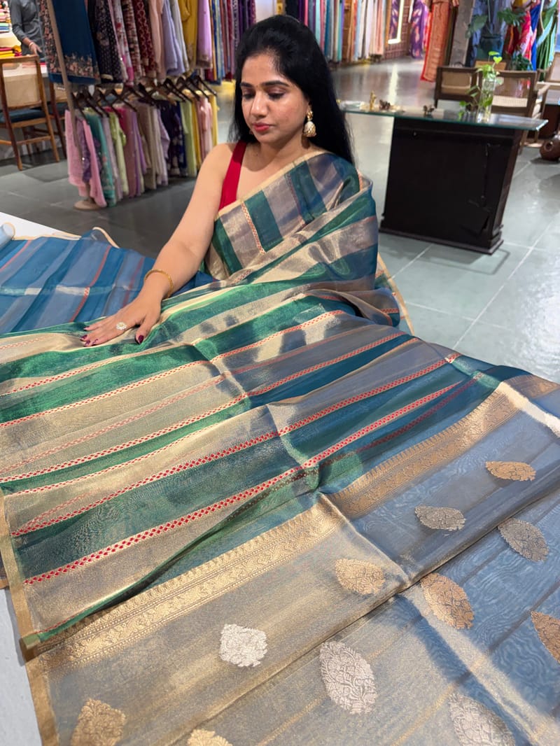Peacock Blue Banarasi handloom tissue stripe saree SS50387