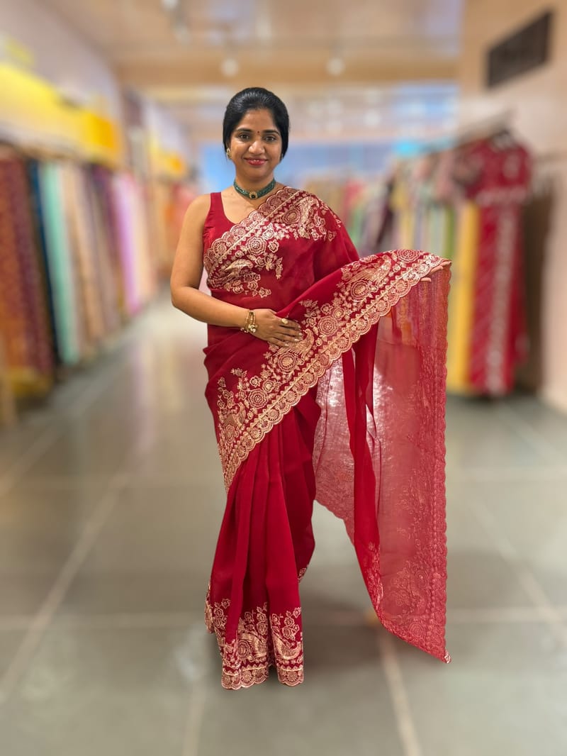 Meroonish Red  Pure organza Saree with pita emb SS50309