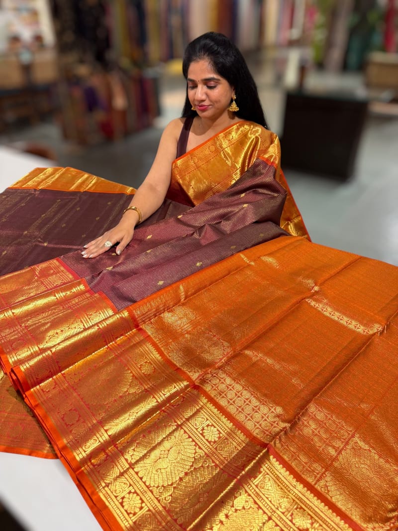 Coffee Brown & Rust Combo Vaira Oosi Checks Kanjeevaram  saree SS50604
