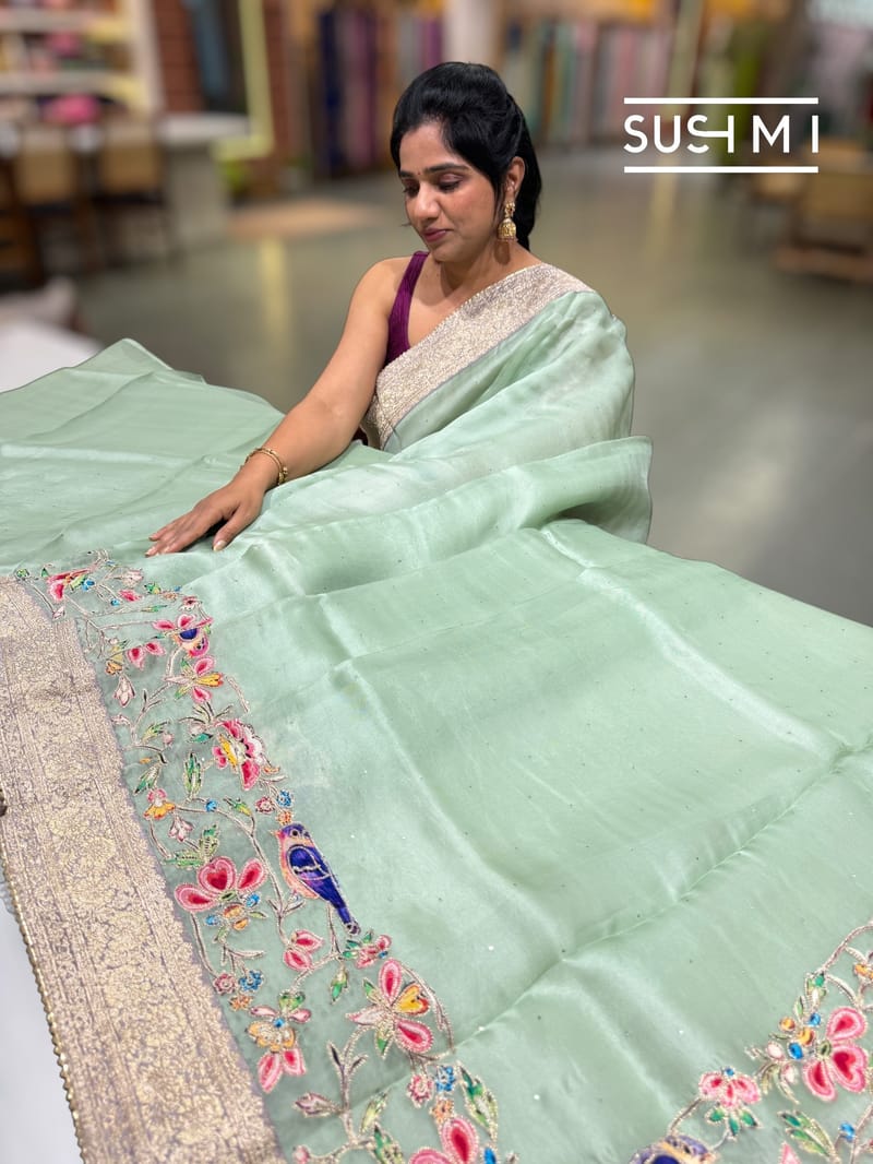Mint Organza Banarasi Fusion Saree with Bird Appliqué