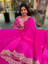 Fushcia Pink Pure Organza Handwork Saree with heavy Designer Blouse