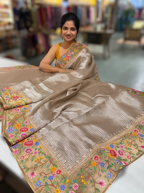 Earthy Tone Tissue Stripes Saree with Petite Point Embroidered Tissue Border and Blouse