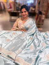 Dusty Blue Pure Satin Saree with Embroidery. SS5030