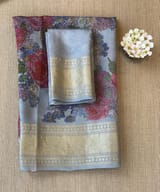 Dusty Blue Pure Handloom Chiniya Silk Saree with stunning Floral Print and zari borders SS50103