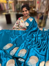 Teal Blue Pure Satin Saree with embroidered border and blouse